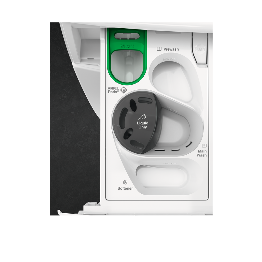 Ouvrez le tiroir à détergent AEG LFR73A943V pour voir les compartiments pour les dosettes, le liquide, le prélavage, le lavage principal et l'adoucisseur.