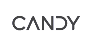 Le mot "CANDY" en caractères gras, modernes et noirs sur fond blanc.