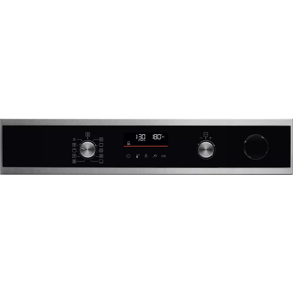 Panneau de commande du four ELECTROLUX COD6P46X0 (Copie) noir et argent avec deux boutons, un écran digital et des touches tactiles.