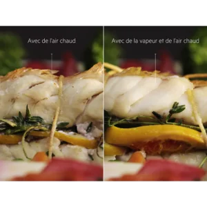 Comparaison en gros plan de poissons cuits avec l'ELECTROLUX COD6P46X0 (Copie) : l'un à l'air chaud, l'autre à la vapeur et à l'air chaud, tous deux garnis d'herbes et de légumes.