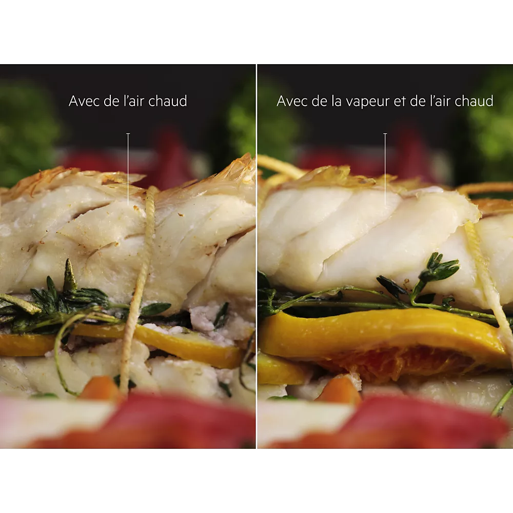 Comparaison en gros plan de poissons cuits avec l'ELECTROLUX COD6P46X0 (Copie) : l'un à l'air chaud, l'autre à la vapeur et à l'air chaud, tous deux garnis d'herbes et de légumes.