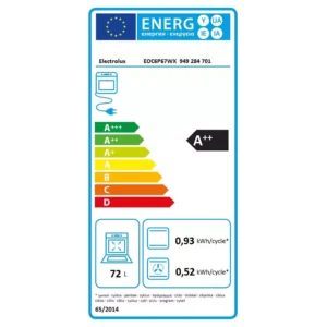 Label énergétique pour le four ELECTROLUX COD6P46X0 (Copie) : classé A++, capacité de 72L, avec une faible consommation d'énergie de 0,93/0,52 kWh par cycle.