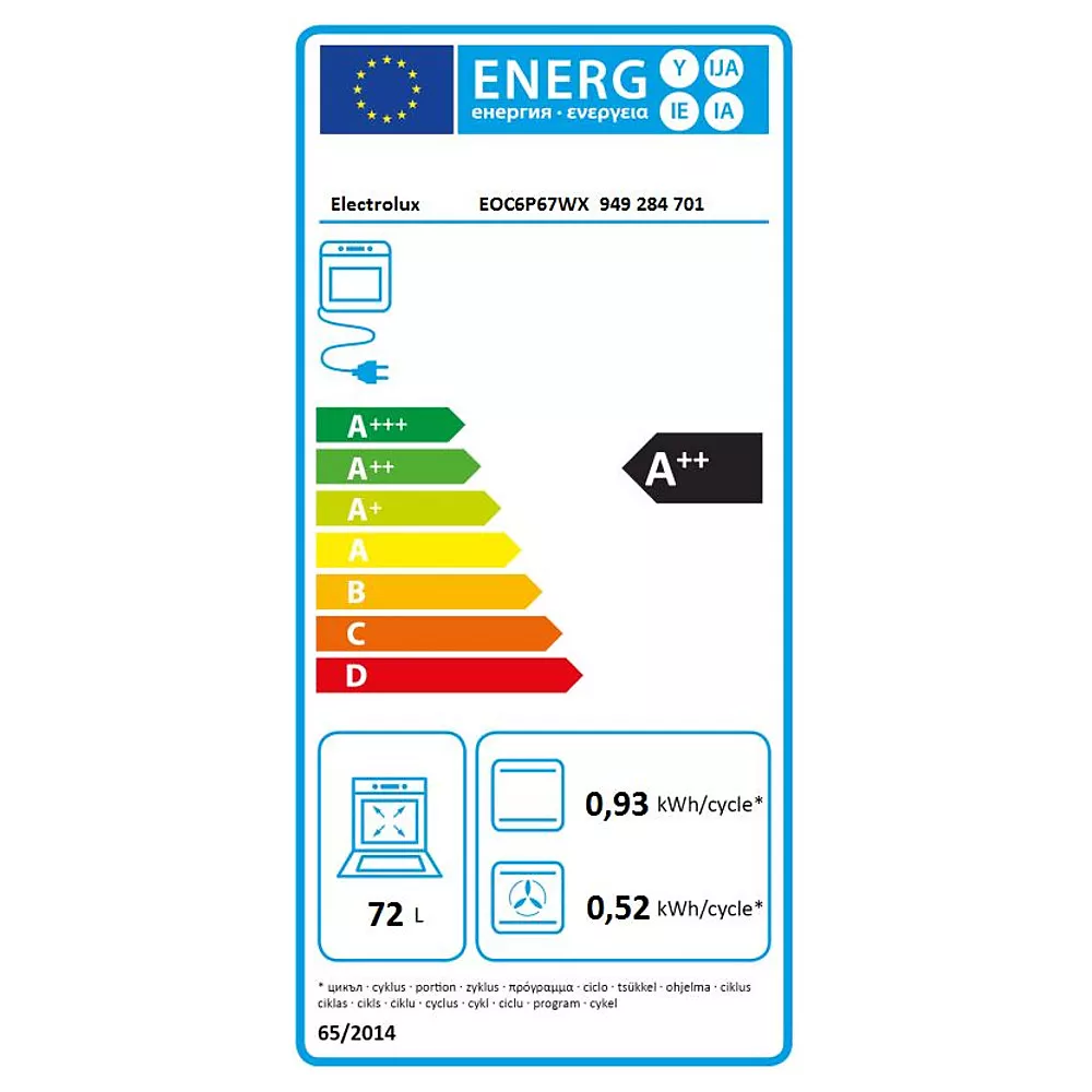 Label énergétique pour le four ELECTROLUX COD6P46X0 (Copie) : classé A++, capacité de 72L, avec une faible consommation d'énergie de 0,93/0,52 kWh par cycle.