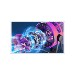 Illustration numérique colorée d'un moteur à réaction avec des effets énergétiques bleus et violets, inspirée par la fraîcheur dynamique du désodorisant EZICLEAN AIR FRESH 90.