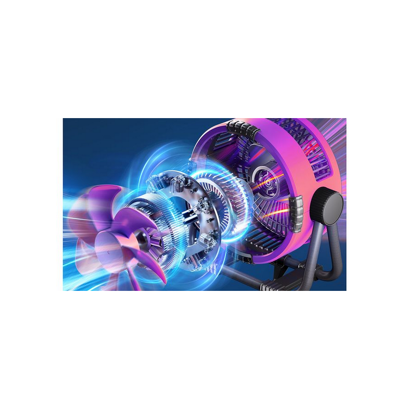 Illustration numérique colorée d'un moteur à réaction avec des effets énergétiques bleus et violets, inspirée par la fraîcheur dynamique du désodorisant EZICLEAN AIR FRESH 90.