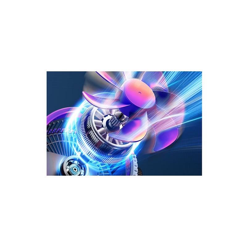 L'EZICLEAN AIR FRESH 90 est doté de pales de ventilateur lumineuses et d'effets lumineux dynamiques bleu-violet, mettant en valeur son design avancé et futuriste.