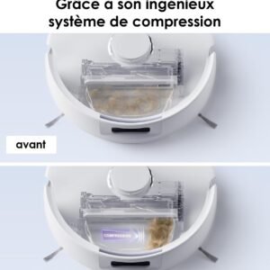 L'aspirateur robot NARWAL SACS FREO X PLUS & X ULTRA montre sa poubelle remplie de cheveux avant ("avant") et compressée après ("après"), mise en évidence par une étiquette de compression claire.
