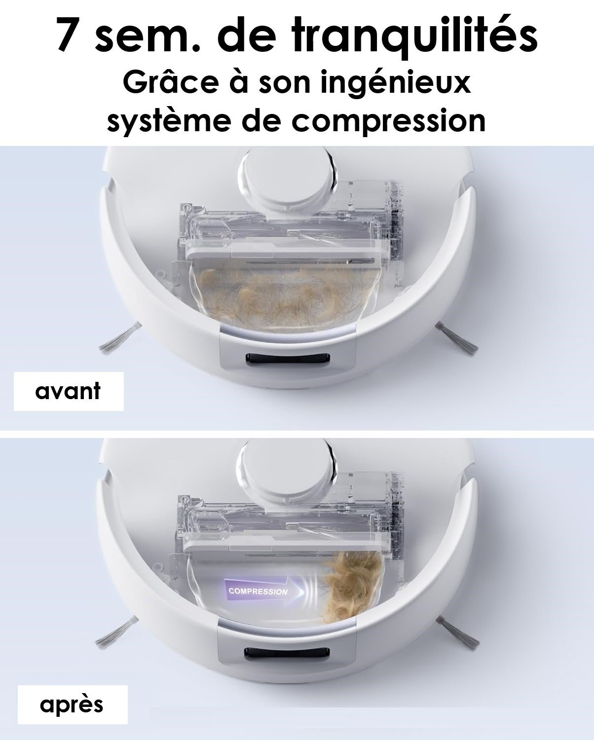 L'aspirateur robot NARWAL SACS FREO X PLUS & X ULTRA montre sa poubelle remplie de cheveux avant ("avant") et compressée après ("après"), mise en évidence par une étiquette de compression claire.