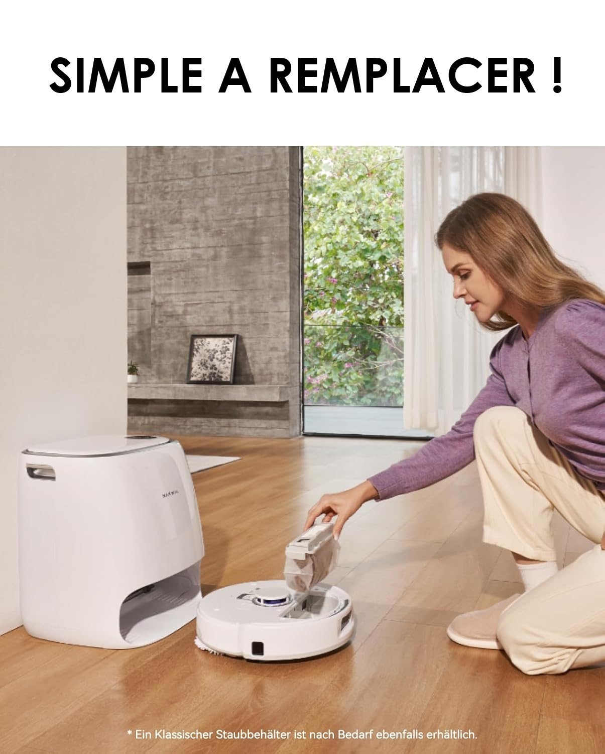 Une femme s'agenouille sur un sol en bois à la maison pour remplacer le sac à poussière de son aspirateur robot NARWAL SACS FREO X PLUS & X ULTRA blanc.