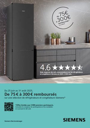 Un réfrigérateur SIEMENS noir moderne se distingue dans une cuisine élégante, avec une offre de cashback ODR passionnante mise en évidence pour 2025.