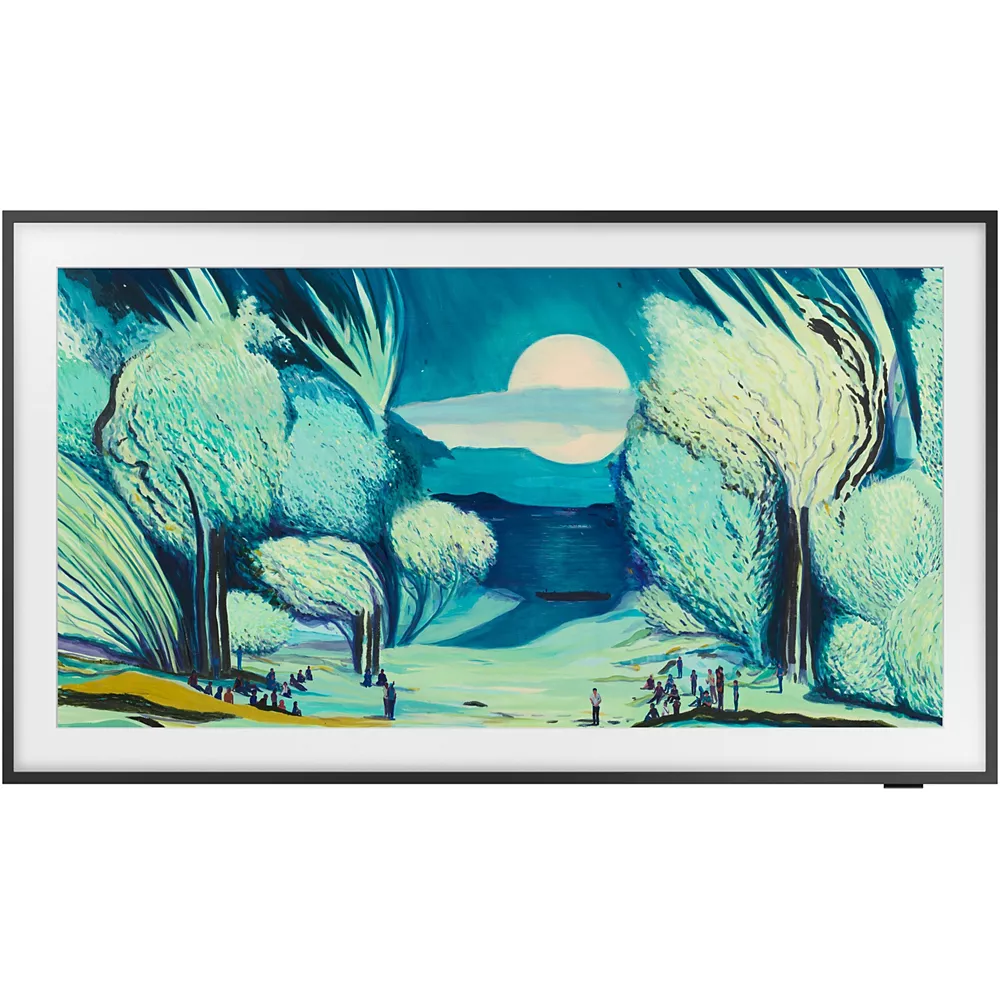 Une peinture d'arbres bleus et verts sous une pleine lune avec de petits personnages marchant est magnifiquement mise en valeur sur le cadre SAMSUNG TQ55LS03F THE FRAME.