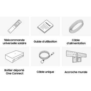 Six icônes en noir et blanc indiquent la télécommande, le manuel, le câble d'alimentation, le boîtier de commande, le câble simple et le support mural du SAMSUNG TQ55LS03F THE FRAME.