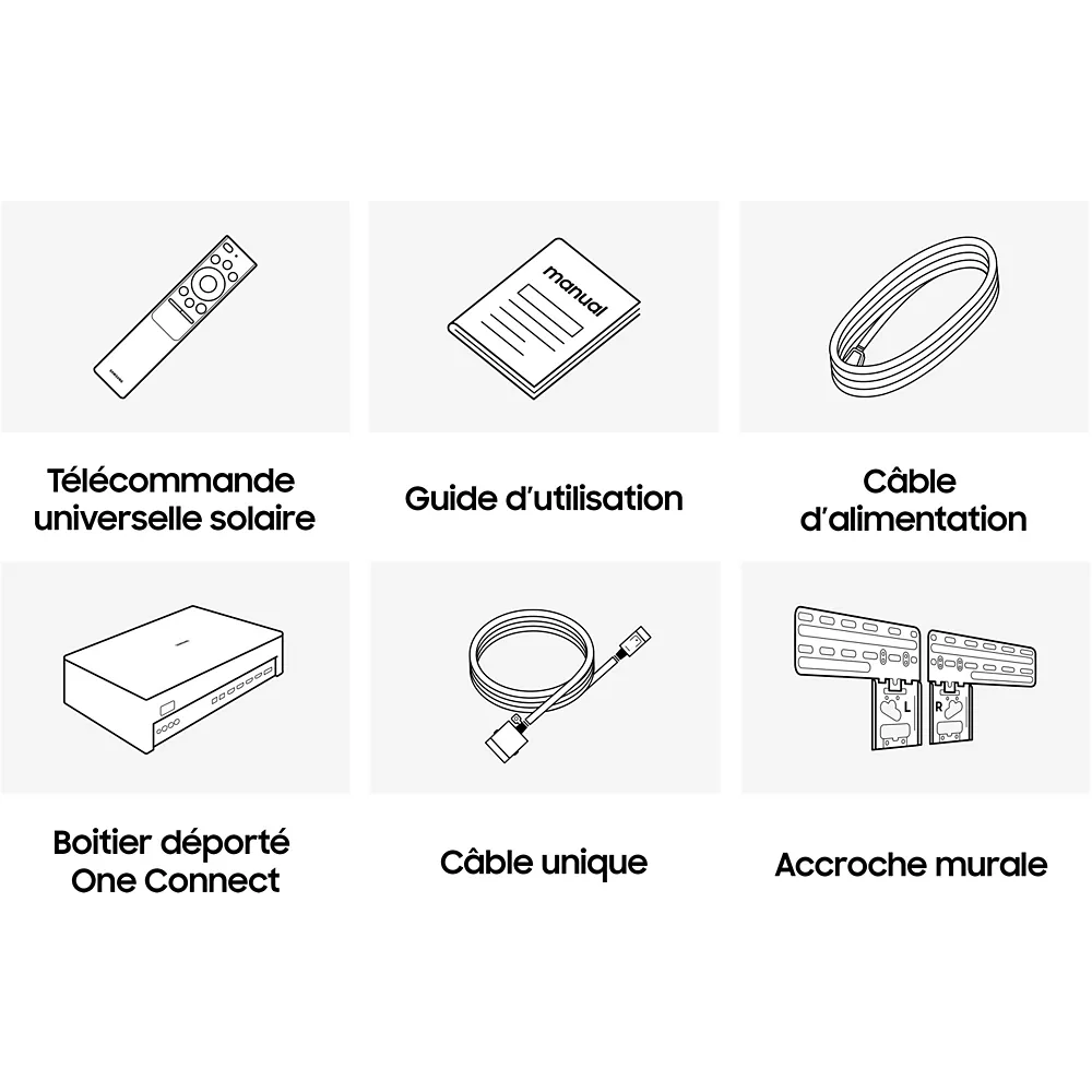 Six icônes en noir et blanc indiquent la télécommande, le manuel, le câble d'alimentation, le boîtier de commande, le câble simple et le support mural du SAMSUNG TQ55LS03F THE FRAME.