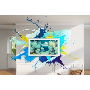 Une peinture de paysage encadrée avec des éclats de couleurs est accrochée au mur autour du SAMSUNG TQ55LS03F THE FRAME dans une salle de séjour lumineuse.