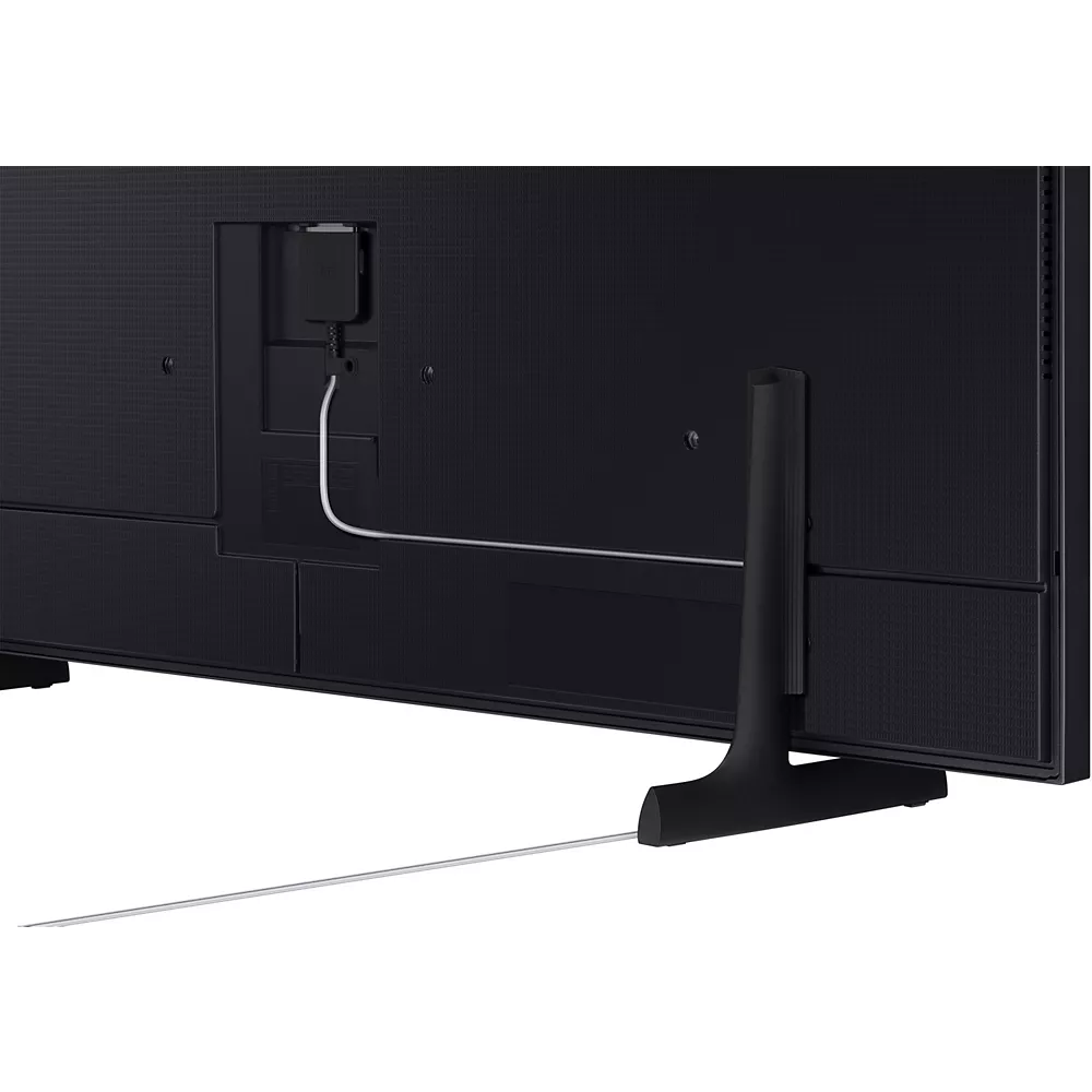 Vue arrière du téléviseur SAMSUNG TQ55LS03F THE FRAME, montrant son design d'écran plat et sa gestion organisée des câbles, avec des fils bien alignés le long du support.