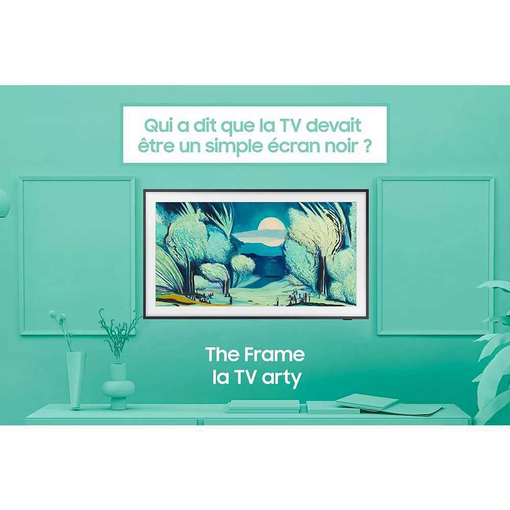 Un téléviseur SAMSUNG TQ55LS03F THE FRAME présente des œuvres d'art éclatantes sur un mur aux tons sarcelle, entouré d'un décor élégant et mis en valeur par un texte en français célébrant ce téléviseur artistique.