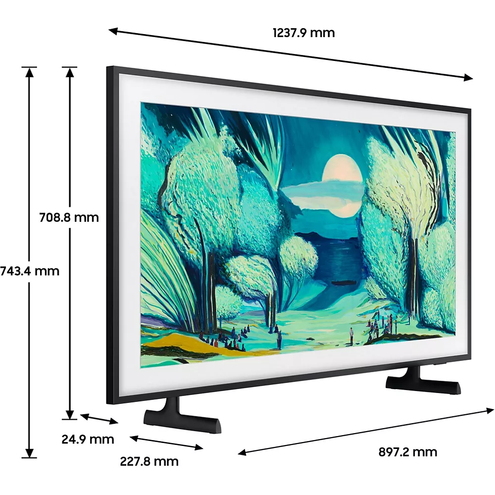 Un téléviseur à écran plat SAMSUNG TQ55LS03F THE FRAME affiche des paysages dont les dimensions en millimètres sont indiquées de chaque côté.