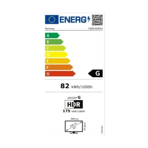 Etiquette énergie pour SAMSUNG TQ55LS03F LE CADRE : classé G, consomme 82 kWh/1000h, écran 138 cm (3840x2160), HDR.