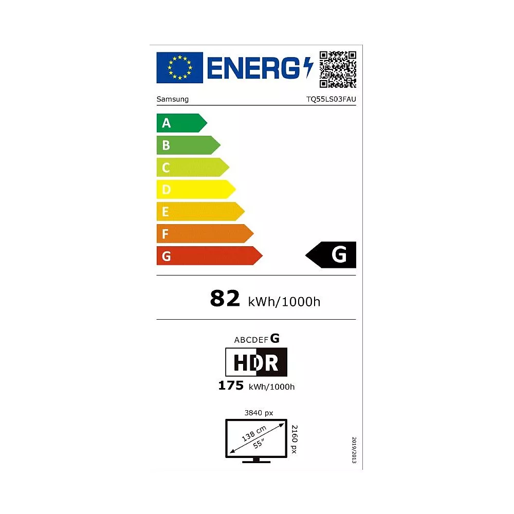 Etiquette énergie pour SAMSUNG TQ55LS03F LE CADRE : classé G, consomme 82 kWh/1000h, écran 138 cm (3840x2160), HDR.