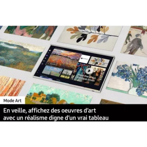 Une tablette SAMSUNG présentant des œuvres d'art trône au milieu de reproductions de tableaux célèbres sur un fond blanc, reflétant le style raffiné du SAMSUNG TQ55LS03F THE FRAME.