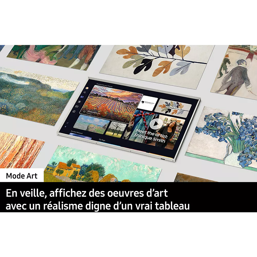 Une tablette SAMSUNG présentant des œuvres d'art trône au milieu de reproductions de tableaux célèbres sur un fond blanc, reflétant le style raffiné du SAMSUNG TQ55LS03F THE FRAME.