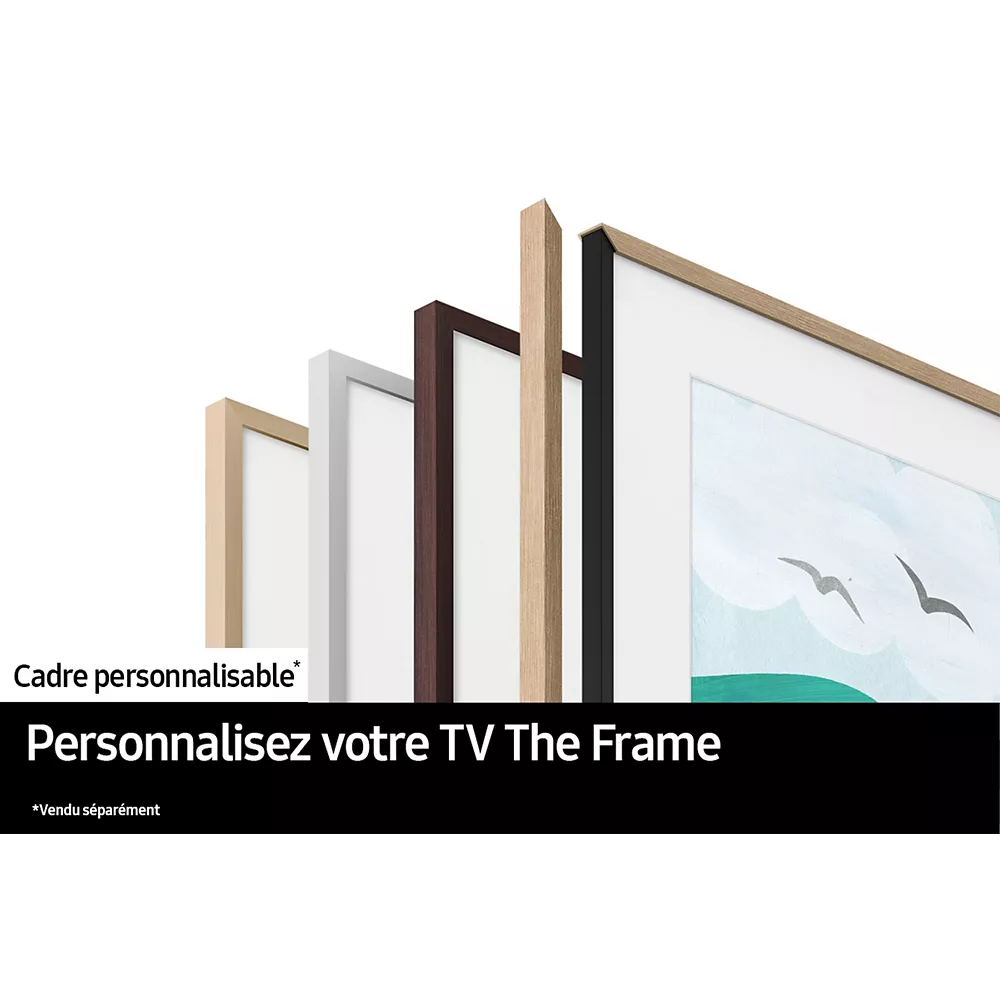 Quatre cadres TV personnalisables de différentes couleurs sont présentés à côté d'un cadre SAMSUNG TQ55LS03F THE FRAME, dont l'écran affiche un paysage marin partiellement visible.