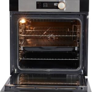 Le four DE DIETRICH DOP7350X présente un design moderne avec sa porte ouverte, son éclairage intérieur et ses grilles vides à l'intérieur.