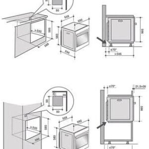 Les mesures d'installation du four DE DIETRICH DOP7350X sont présentées dans des schémas techniques avec des vues frontales et latérales.