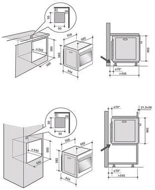 Les mesures d'installation du four DE DIETRICH DOP7350X sont présentées dans des schémas techniques avec des vues frontales et latérales.