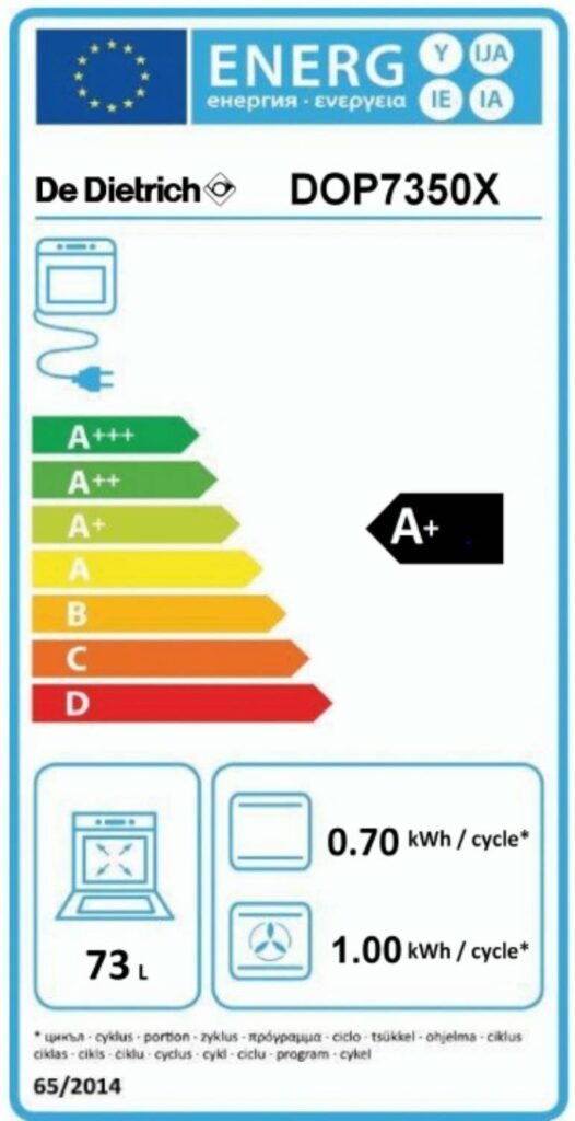 Le four DE DIETRICH DOP7350X a un label énergétique européen A+, une grande capacité de 73 litres et ne consomme que 0,70 à 1,00 kWh par cycle.