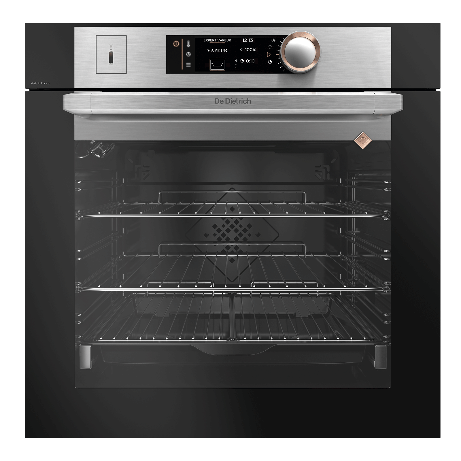 Vue de face du four électrique DE DIETRICH DOR7586X en acier inoxydable, doté d'un affichage numérique et de quatre grilles.
