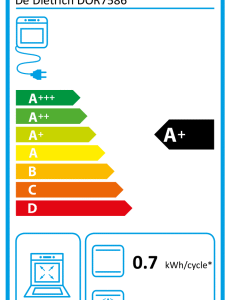 Le four DE DIETRICH DOR7586X a un label énergétique européen A+, une capacité de 73 litres et consomme 0,7 kWh/cycle (conventionnel) et 1,1 kWh/cycle (ventilateur), toutes les classes énergétiques de l'UE étant indiquées.