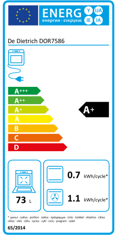 Le four DE DIETRICH DOR7586X a un label énergétique européen A+, une capacité de 73 litres et consomme 0,7 kWh/cycle (conventionnel) et 1,1 kWh/cycle (ventilateur), toutes les classes énergétiques de l'UE étant indiquées.