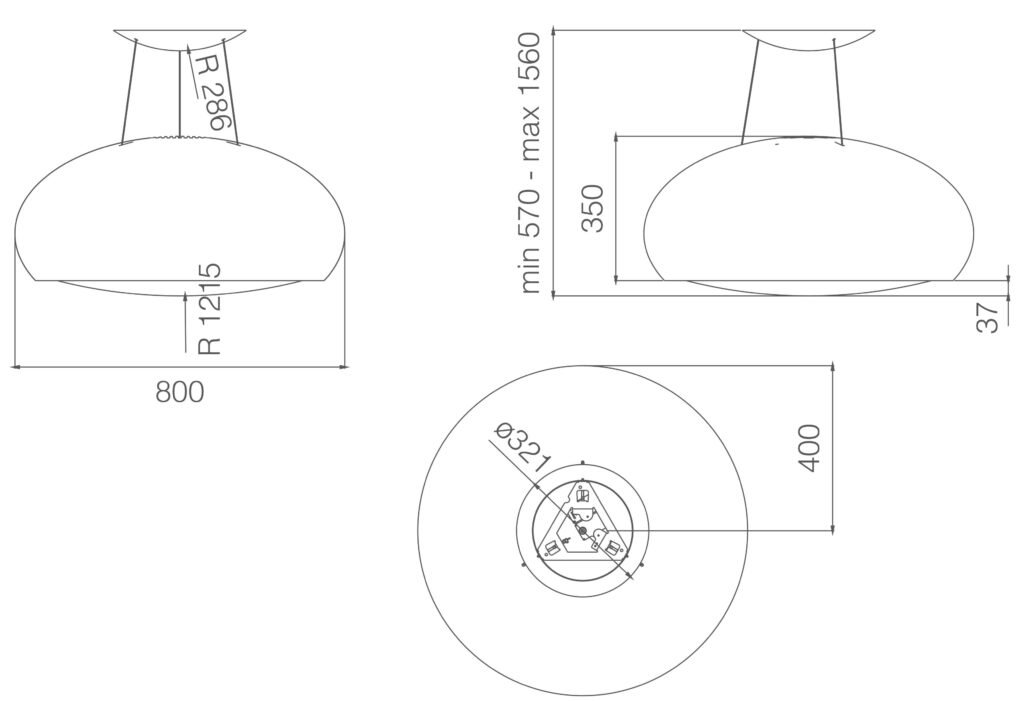 Dessin technique du plafonnier cheminée de cuisine ELICA CRUISE IX/A/90 (Copie), présentant ses dimensions et les mesures de son rayon sous trois angles différents.