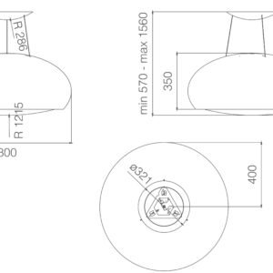 Dessin technique du plafonnier cheminée de cuisine ELICA CRUISE IX/A/90 (Copie), présentant ses dimensions et les mesures de son rayon sous trois angles différents.