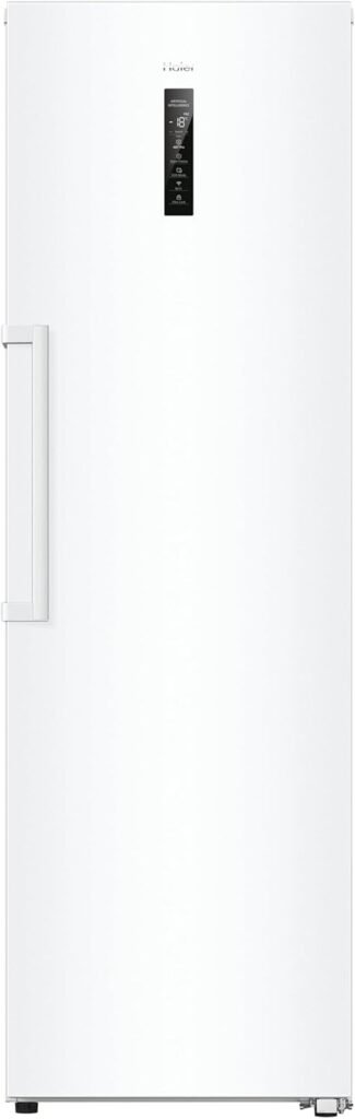 Le HAIER H4F306WDH1 est un réfrigérateur blanc haut avec une seule porte, un panneau de commande numérique et une poignée sur le côté gauche.