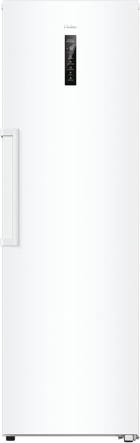 Le HAIER H4F306WDH1 est un réfrigérateur blanc haut avec une seule porte, un panneau de commande numérique et une poignée sur le côté gauche.