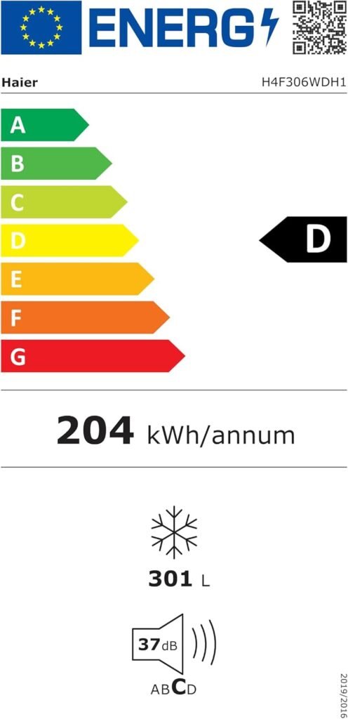 Le réfrigérateur HAIER H4F306WDH1 a une capacité de 301 litres, une étiquette énergétique D, consomme 204 kWh/an et fonctionne silencieusement avec seulement 37 dB.