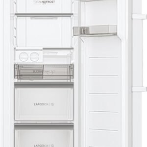 Le réfrigérateur HAIER H4F306WDH1 ouvert et vide présente ses étagères, tiroirs et compartiments de porte transparents.