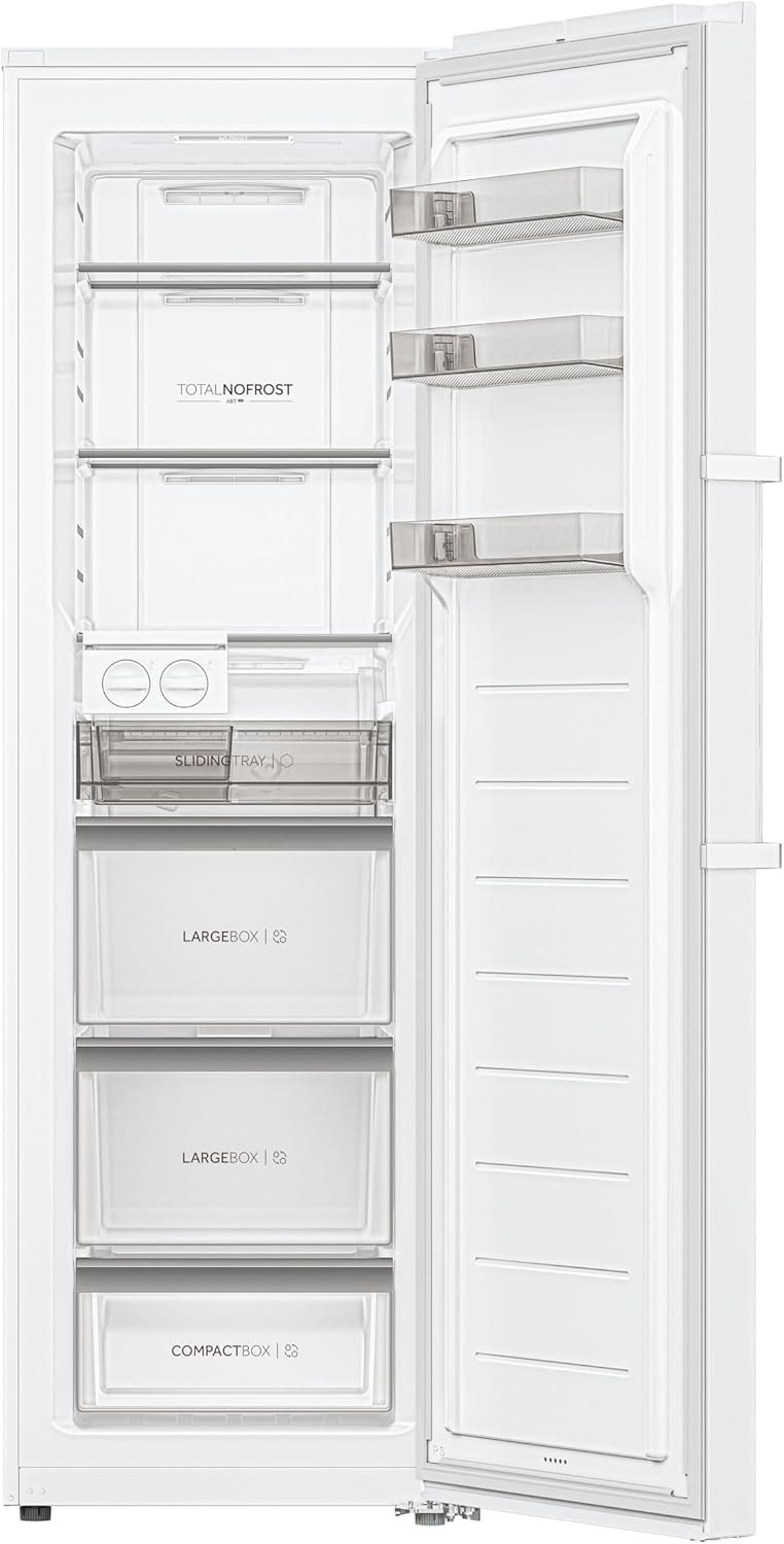 Le réfrigérateur HAIER H4F306WDH1 ouvert et vide présente ses étagères, tiroirs et compartiments de porte transparents.