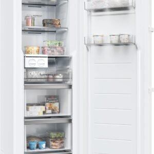 Un congélateur HAIER H4F306WDH1 ouvert, de couleur blanche, présente des produits surgelés organisés et bien rangés dans ses tiroirs et ses étagères.