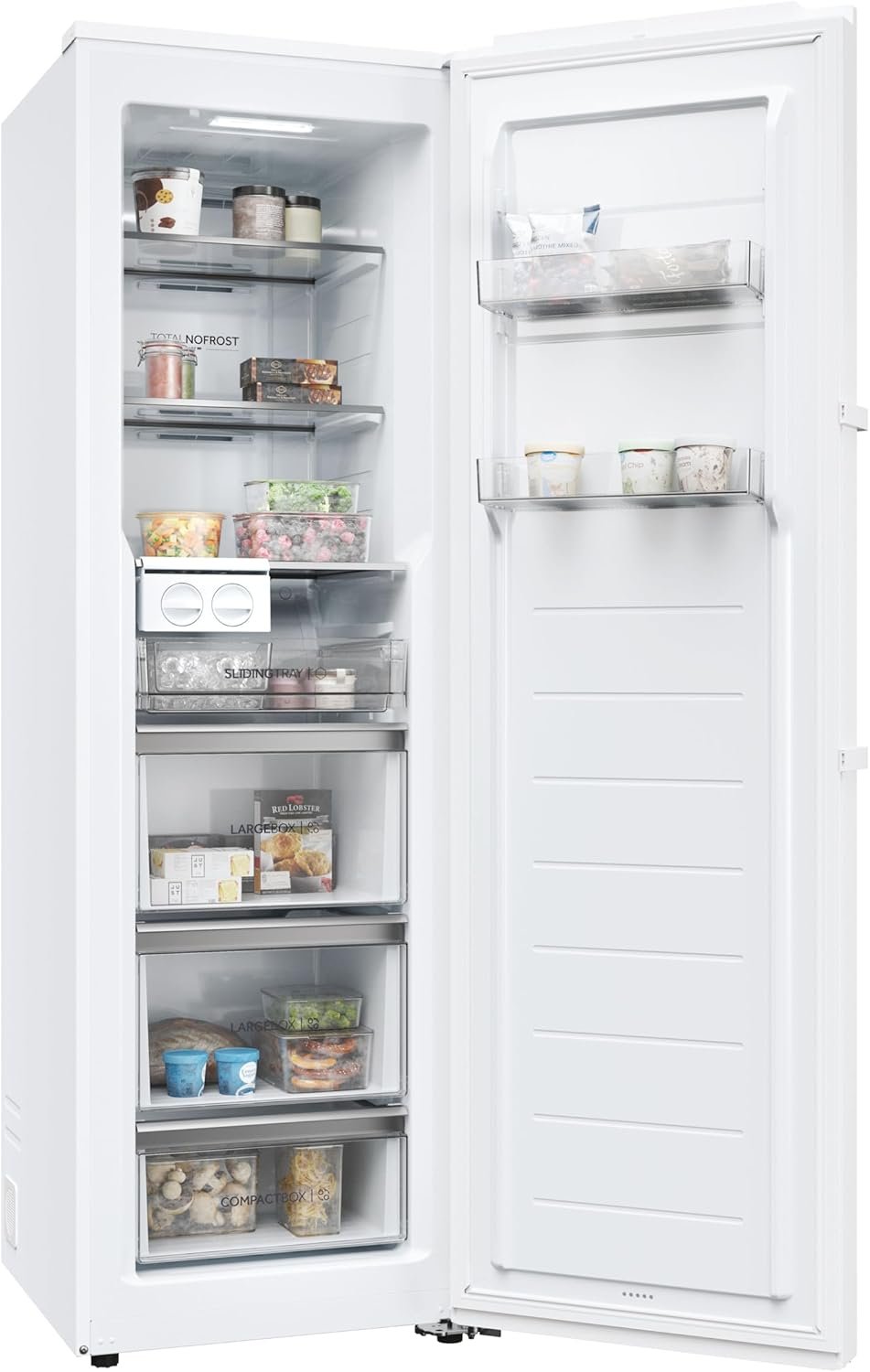 Un congélateur HAIER H4F306WDH1 ouvert, de couleur blanche, présente des produits surgelés organisés et bien rangés dans ses tiroirs et ses étagères.