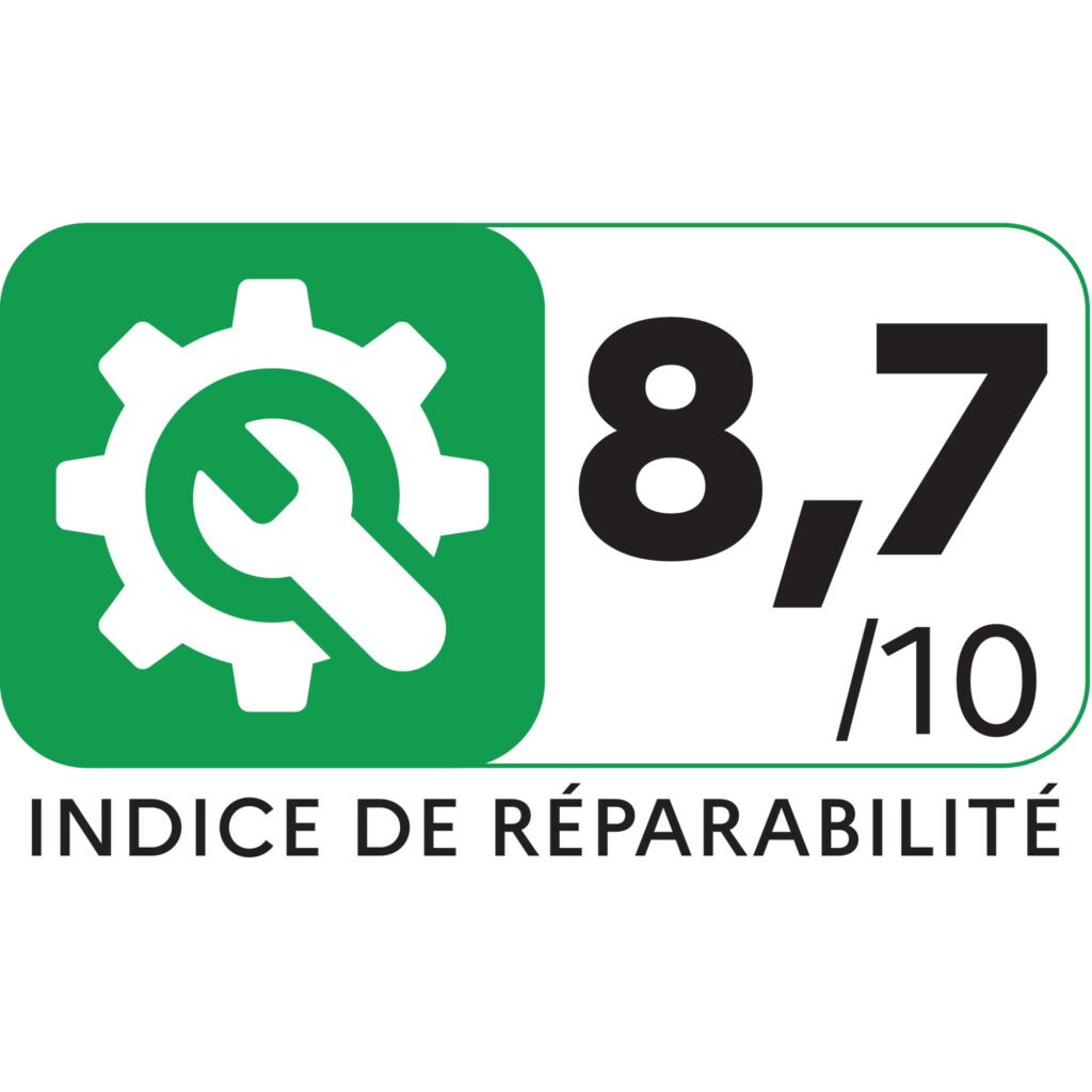 L'étiquette verte et blanche avec une clé et une icône d'engrenage affiche un indice de réparabilité de 8,7/10 - idéal pour le lave-linge AEG LFR731611V.