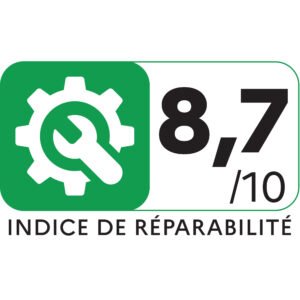 L'étiquette verte et blanche avec une clé et une icône d'engrenage affiche un indice de réparabilité de 8,7/10 - idéal pour le lave-linge AEG LFR731611V.