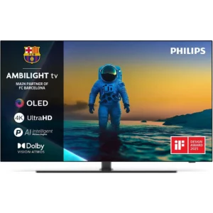 Le téléviseur PHILIPS 55OLED850/12 OLED affiche des images vibrantes d'un astronaute, avec des icônes pour 4K, Dolby et Ambilight, soulignant sa technologie avancée en matière d'image et d'audio.