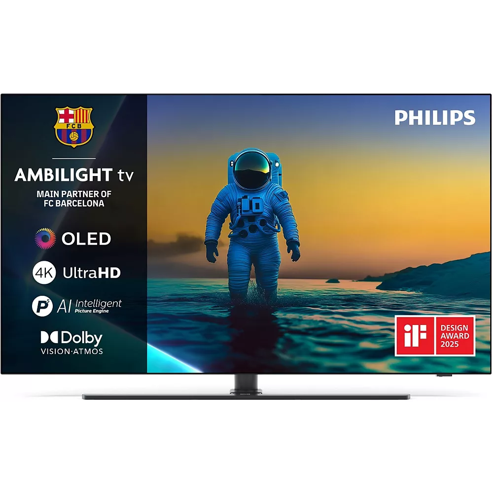 Le téléviseur PHILIPS 55OLED850/12 OLED affiche des images vibrantes d'un astronaute, avec des icônes pour 4K, Dolby et Ambilight, soulignant sa technologie avancée en matière d'image et d'audio.