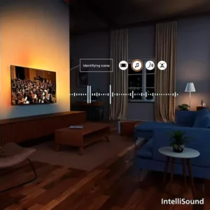 Un salon avec un téléviseur PHILIPS 55OLED850/12 affichant "Identifying scene" et des icônes audio, mettant en valeur ses fonctions sonores intelligentes.