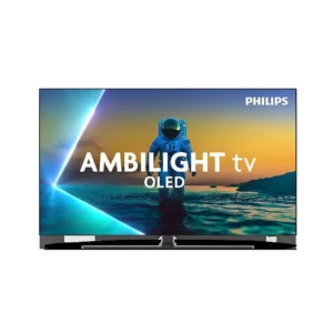 Le PHILIPS 55OLED850/12 affiche une scène époustouflante d'astronaute sur l'eau au coucher du soleil, rendue encore plus immersive par la technologie Ambilight.