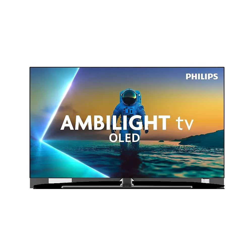 Le PHILIPS 55OLED850/12 affiche une scène époustouflante d'astronaute sur l'eau au coucher du soleil, rendue encore plus immersive par la technologie Ambilight.