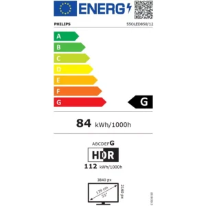 Le téléviseur PHILIPS 55OLED850/12 OLED a une étiquette énergétique G, consomme 84 kWh par 1000 heures, dispose du HDR, d'un écran de 139 cm et d'une résolution 4K. L'échelle d'efficacité énergétique va de A (le plus efficace) à G (le moins efficace).
